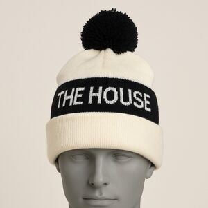 The House Knit Beanie with Bom Bom Black and White OS